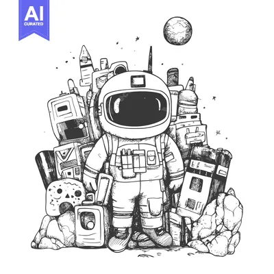 Astronaut standing amongst space debris and a moon
