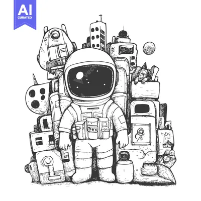 Aset desain premium: Astronaut Standing in Front of a Pile of Space Junk