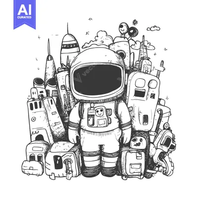 Aset desain premium: Astronaut standing in front of doodle city and luggage
