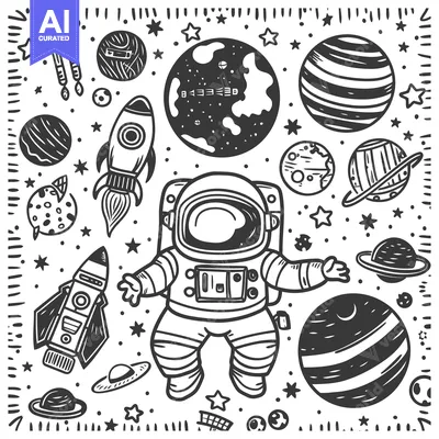 Aset desain premium: Astronaut with Spacecraft, Planets, and Stars in Black and White Doodl
