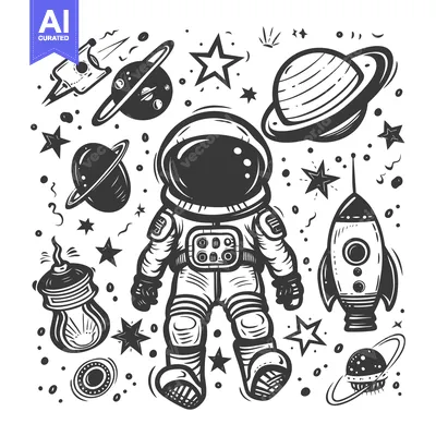 Aset desain premium: Astronaut with Spaceship and Planets in Outer Space
