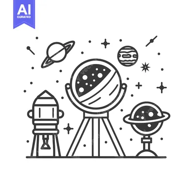 A stylized illustration depicts a space theme with planets and objects