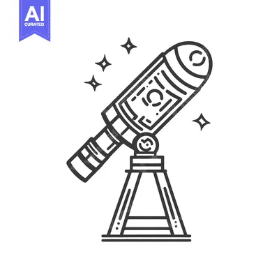 A black and white line illustration of a telescope with stars