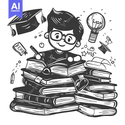 Aset desain premium: A Student Sitting on a Pile of Books with a Lightbulb Above Their Head