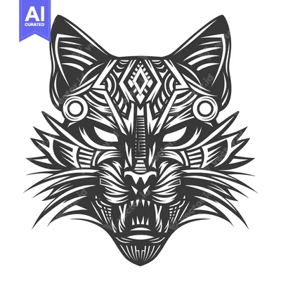 Aset premium populer: A stylized and abstract black and white illustration of a cat's face.