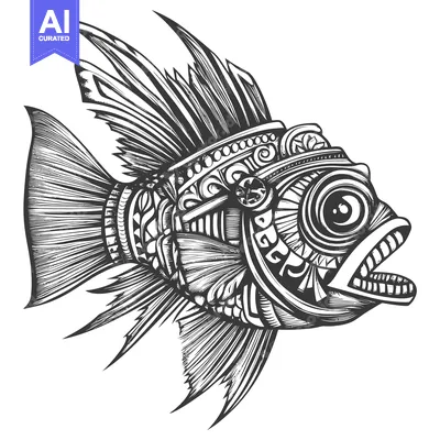 Premium design asset: A stylized black and white drawing of a fish with an open mouth and de