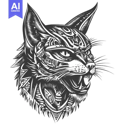 Aset desain premium: A stylized black and white drawing of a snarling cat's head