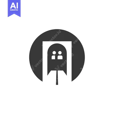 Aset premium populer: A stylized black and white icon of two people entering a doorway