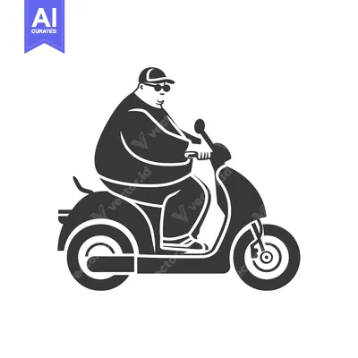Premium design asset: A stylized black and white illustration of an overweight man riding a