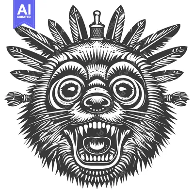 Aset desain premium: A stylized black and white illustration of a snarling creature's head