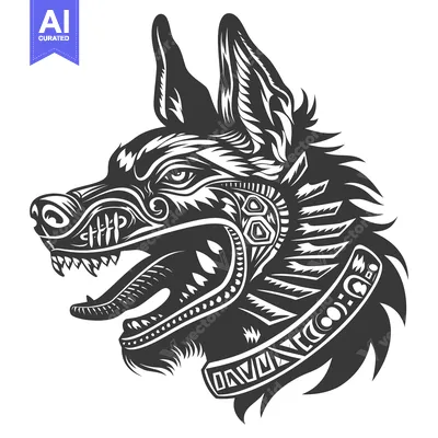 Aset premium populer: A stylized black and white illustration of a snarling wolf's head with