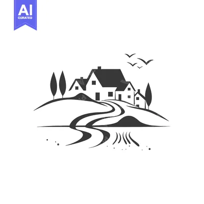 Aset desain premium: A stylized black and white illustration of a village nestled in rollin