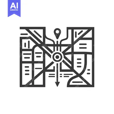 Aset desain premium: A stylized city map with a pin, an arrow, and street lines.