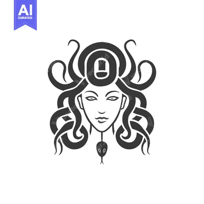Aset desain premium: A stylized depiction of Medusa, a Gorgon with snakes for hair, looking