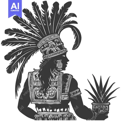Aset desain premium: A stylized figure with a feathered headdress, holding a plant in a pot