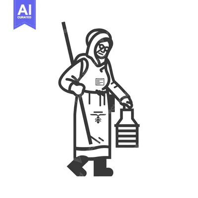 A stylized illustration of a beekeeper with a lantern and a stick