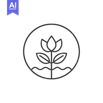Aset desain premium: A stylized line drawing of a flower growing in soil within a circle