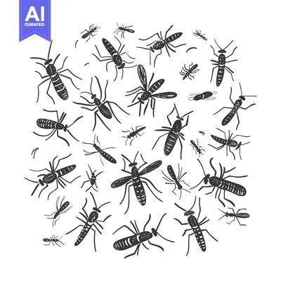 A Swarm of Black and White Mosquitoes on a White Background