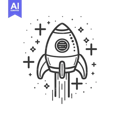 Aset desain premium: A black and white illustration of a rocket launching upwards