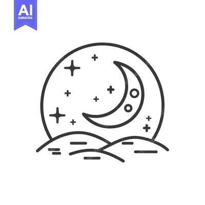 Aset desain premium: A simple black and white illustration depicts a night scene
