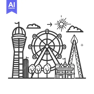 Aset premium populer: A whimsical illustration of an amusement park scene depicted in lines