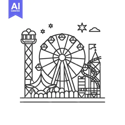 Aset desain premium: A simple line art illustration of a whimsical amusement park