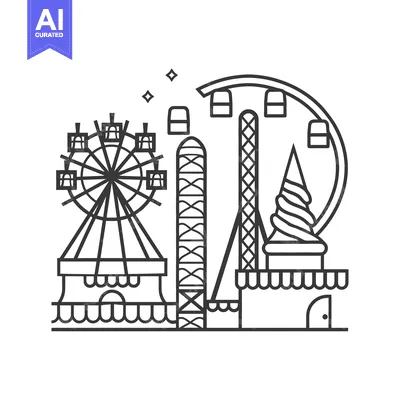 Aset premium populer: An illustration of an amusement park with various attractions displaye