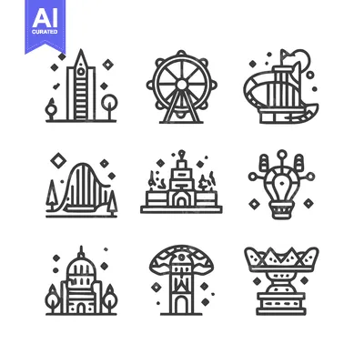 Premium design asset: Minimalist Line Art: Landmarks and Attractions Icon Set on White