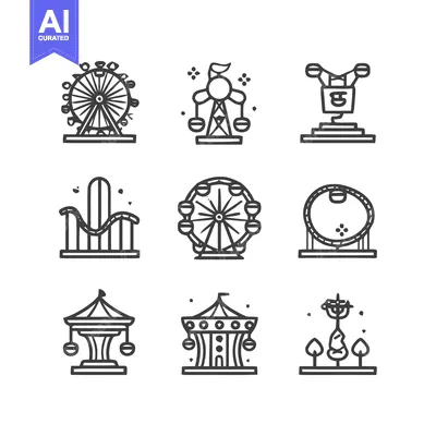 Aset premium populer: Amusement Park Rides Icon Set: Ferris Wheel, Roller Coaster, Carousel,