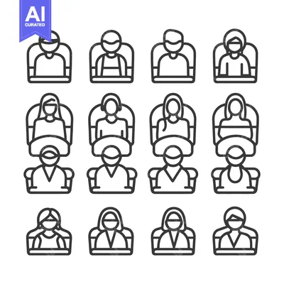 Aset premium populer: Stylized black and white icons depicting seated people in rows