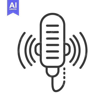 Aset premium populer: An illustrated microphone emitting sound waves in graphic black and wh