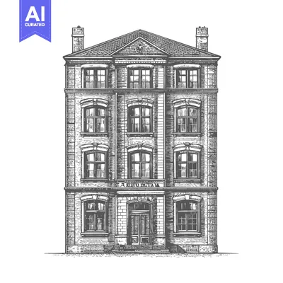 Aset desain premium: A detailed drawing of a brick building with windows