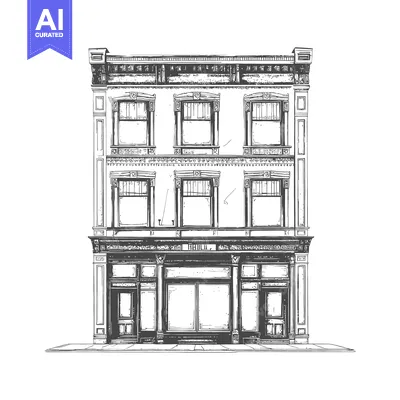Aset desain premium: A Detailed Black and White Drawing of a Building Facade