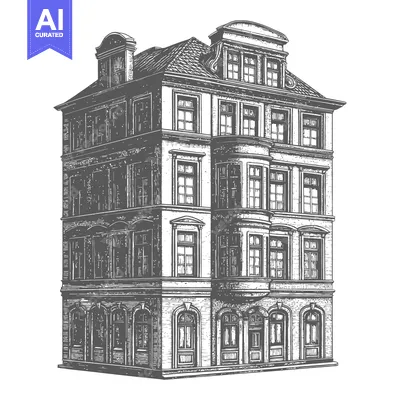 Aset desain premium: A detailed illustration depicting an old vintage building structure