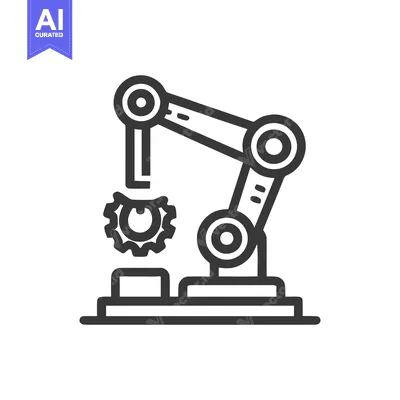 Aset premium populer: Robotic Arm Assembling Gear, Minimalist Line Art Icon on White Backgro