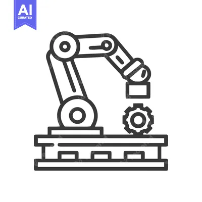 Aset desain premium: Robotic Arm Assembling Gear on Platform, Minimalist Line Art