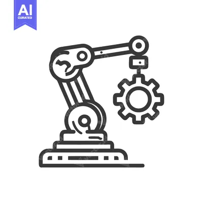 Aset desain premium: Robotic Arm Holding Gear, Minimalist Line Art on White Background