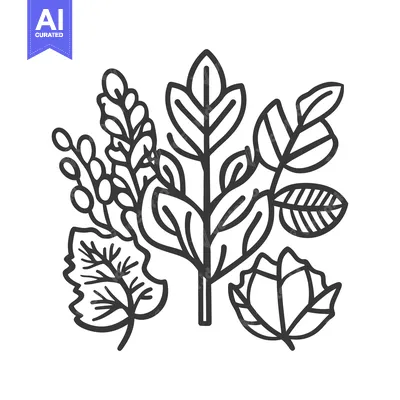 Aset desain premium: An illustration depicting various types of stylized leaves and plant e