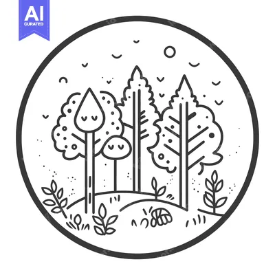 Aset desain premium: Whimsical black and white illustration of a serene forest scene