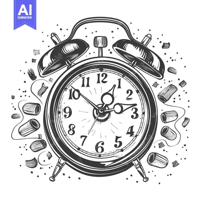 Premium design asset: A vintage alarm clock with its hands exploding in a shower of clock pa