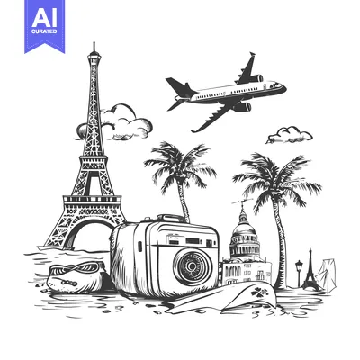 A Vintage Camera Beside Palm Trees, the Eiffel Tower, and a Plane