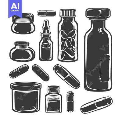 Aset desain premium: A Vintage Collection of Medicine Bottles, Jars, and Capsules