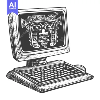 Aset desain premium: A Vintage Computer with an Aztec Mask Displayed on the Screen