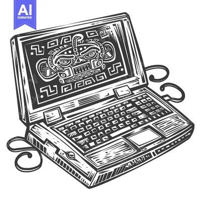 Aset desain premium: A Vintage Laptop with an Aztec-Inspired Design on the Screen