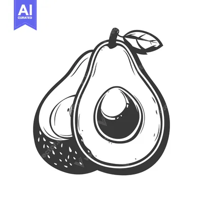Aset premium populer: A black and white illustration of two halved avocados with leaves