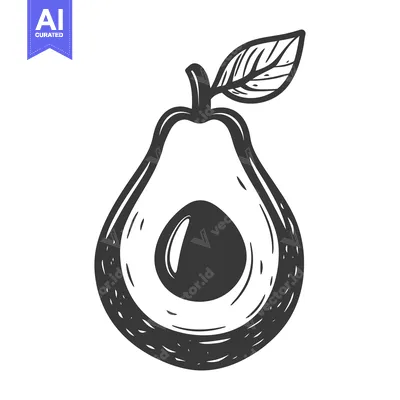 Premium design asset: A black and white illustration of a sliced avocado fruit
