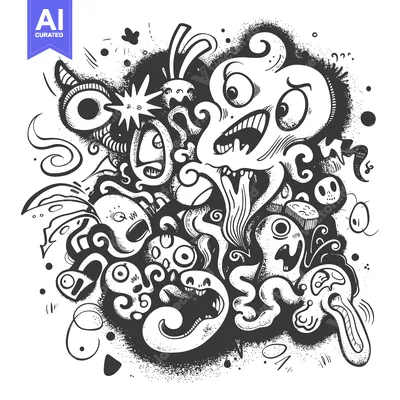 Aset premium populer: A whimsical black and white doodle of a multitude of fantastical creat