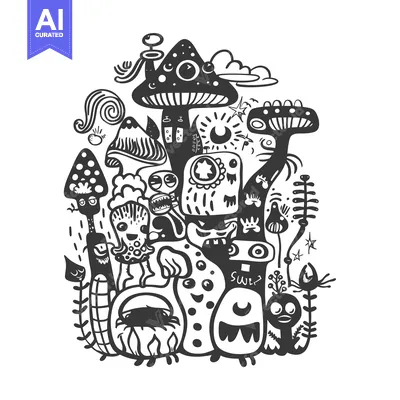 Premium design asset: A whimsical black and white doodle of anthropomorphic mushrooms and fa