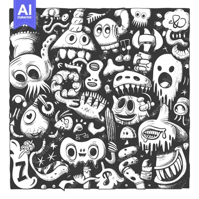 Aset premium populer: A Whimsical Black and White Doodle of Various Cartoon Monsters