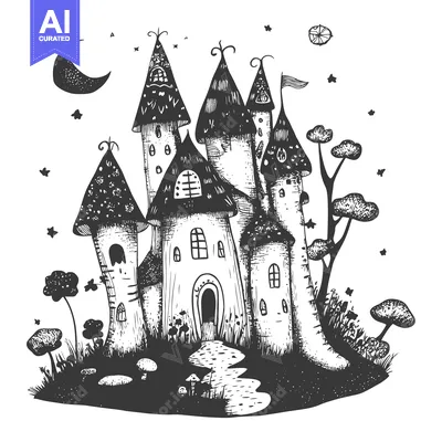 Aset desain premium: A whimsical black and white illustration of a fairytale castle with a